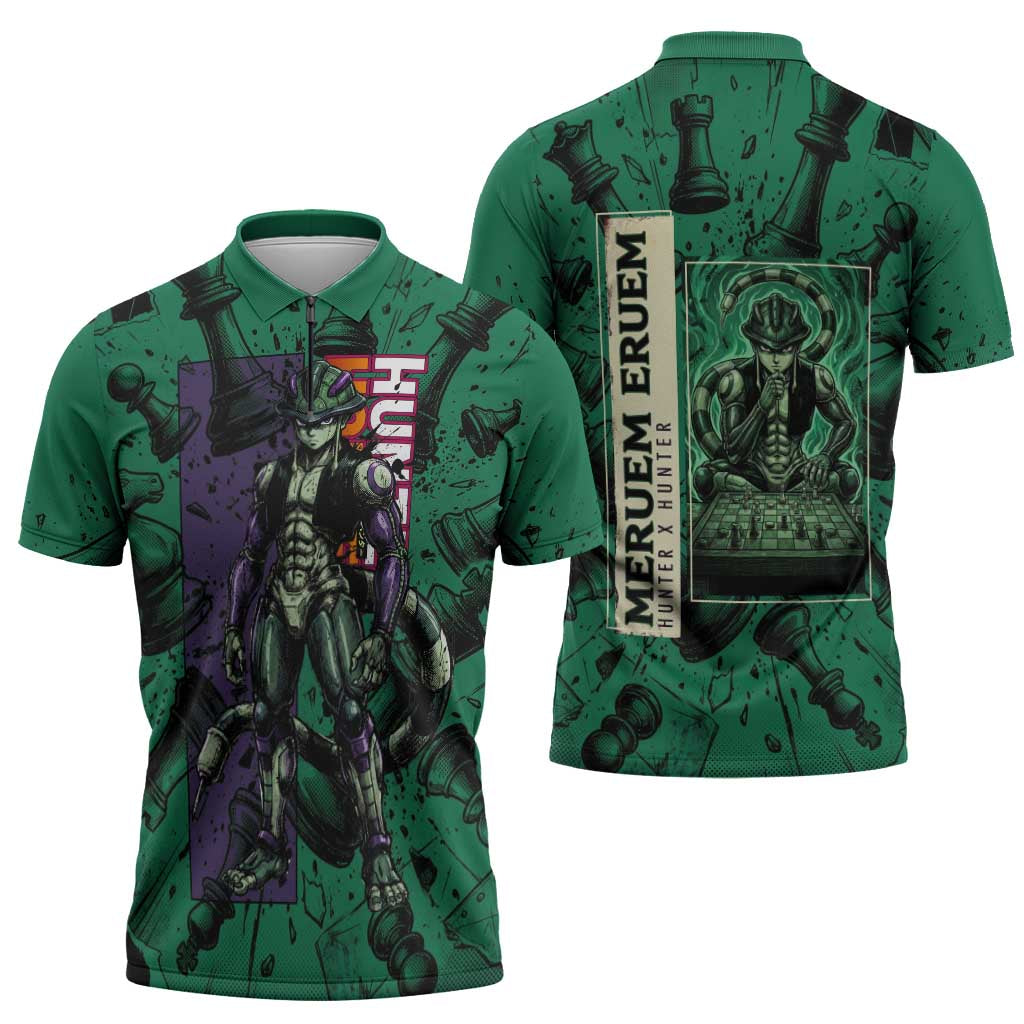 Meruem Chess Theme Zipper Polo Shirt with Dark Aura and Strategic Anime Artwork Design - The Mazicc