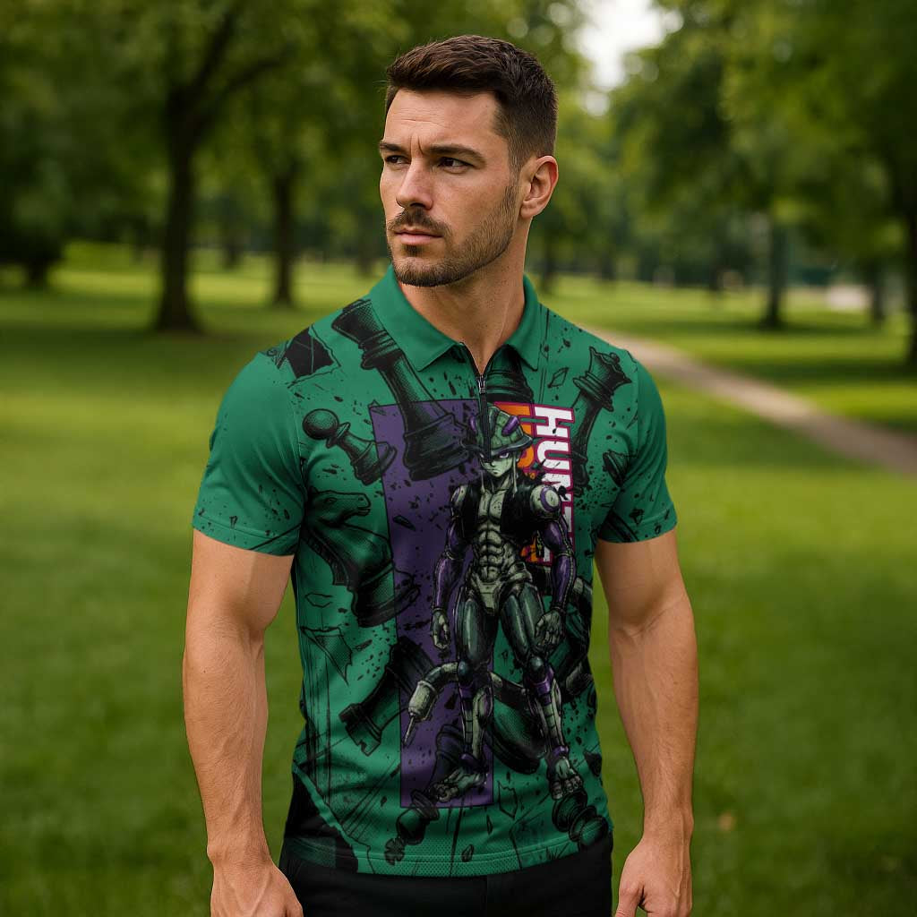 Meruem Chess Theme Zipper Polo Shirt with Dark Aura and Strategic Anime Artwork Design - The Mazicc