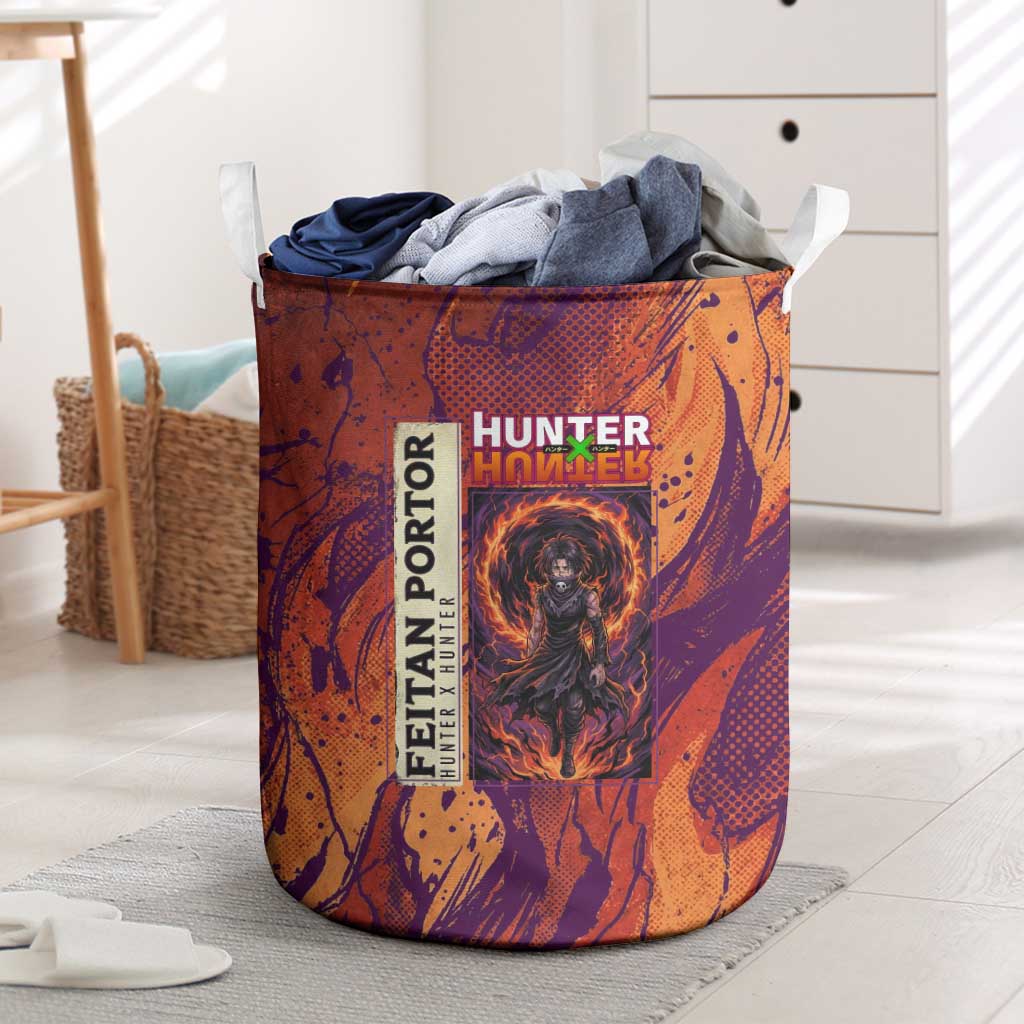 Feitan Portor Flame Aura Design Laundry Basket with Sword Stance and Intense Anime Artwork - The Mazicc
