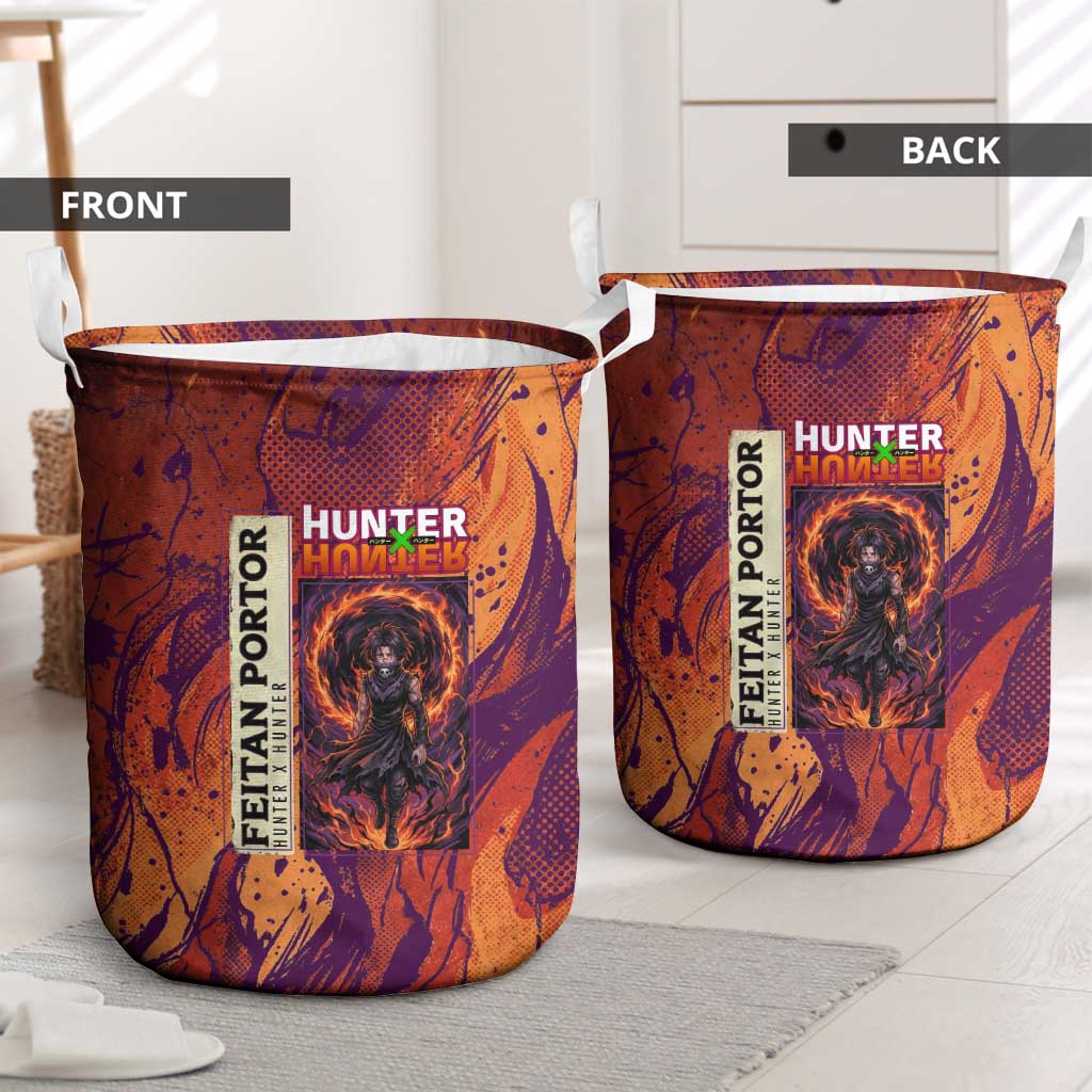 Feitan Portor Flame Aura Design Laundry Basket with Sword Stance and Intense Anime Artwork - The Mazicc