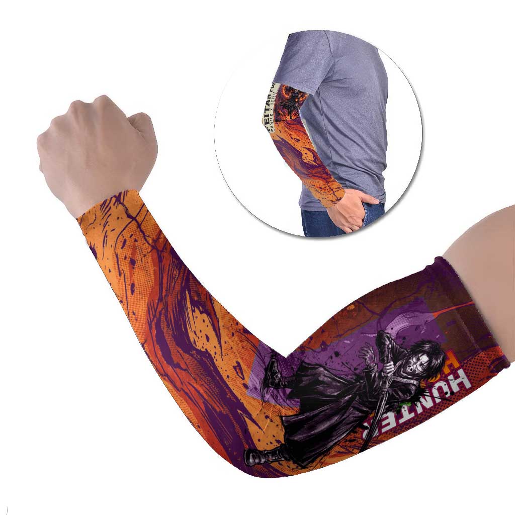 Feitan Portor Flame Aura Design Arm Sleeves with Sword Stance and Intense Anime Artwork - The Mazicc