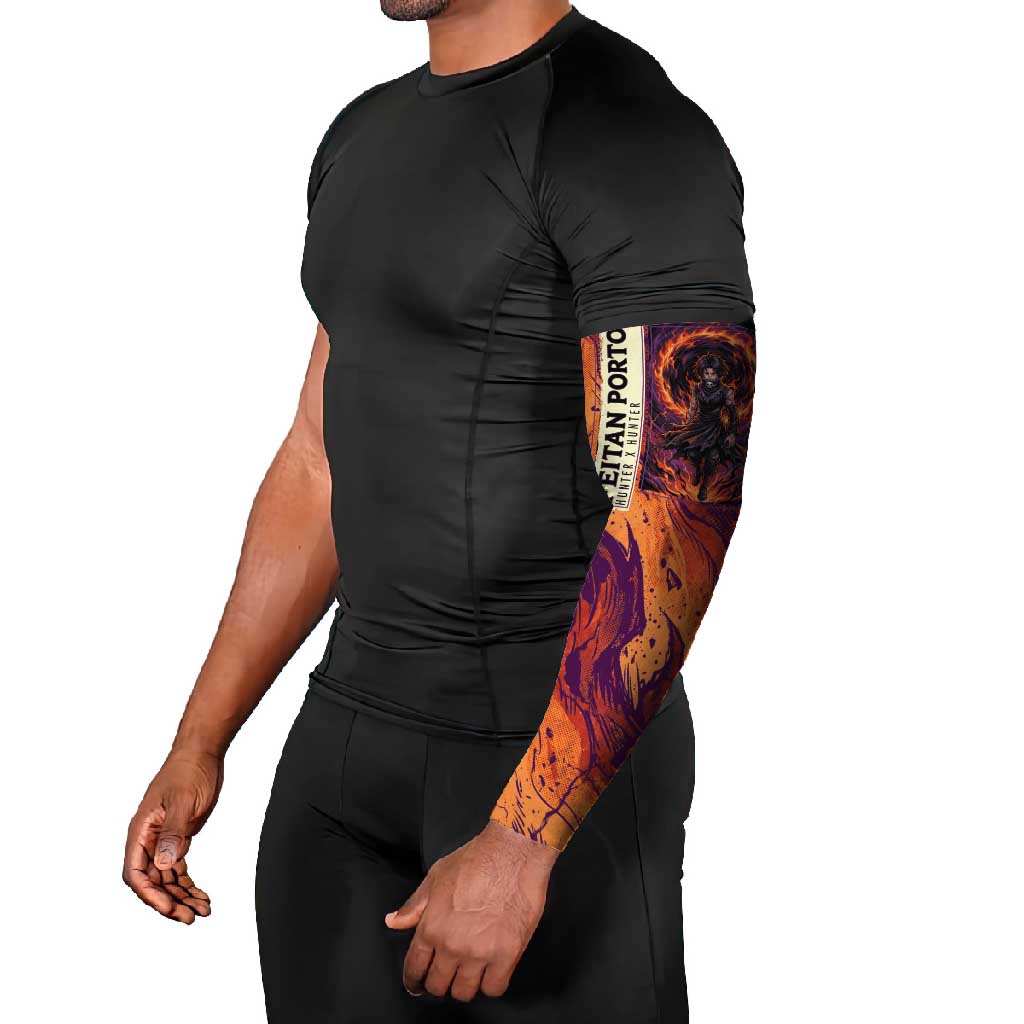 Feitan Portor Flame Aura Design Arm Sleeves with Sword Stance and Intense Anime Artwork - The Mazicc