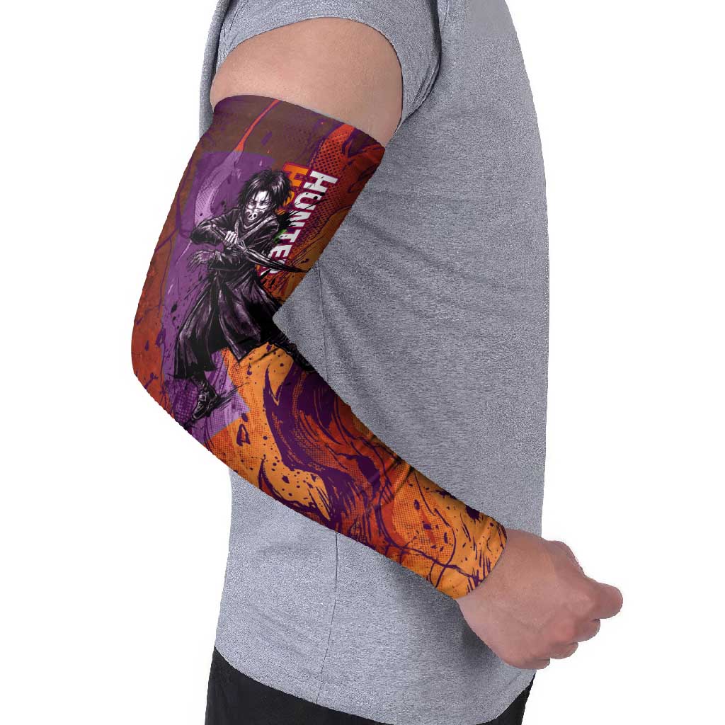 Feitan Portor Flame Aura Design Arm Sleeves with Sword Stance and Intense Anime Artwork - The Mazicc
