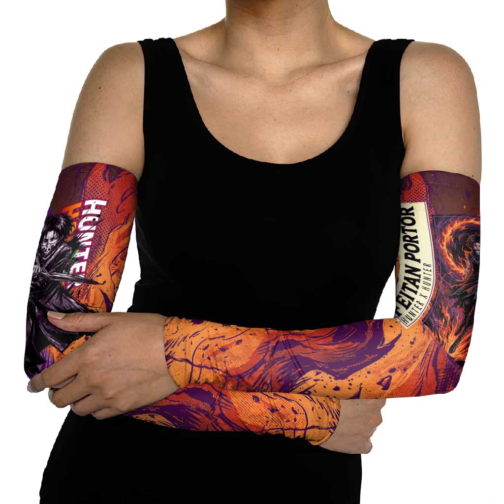 Feitan Portor Flame Aura Design Arm Sleeves with Sword Stance and Intense Anime Artwork - The Mazicc