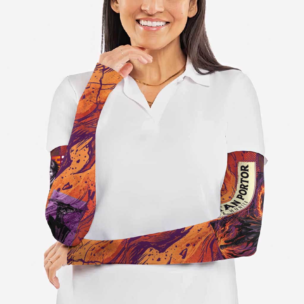 Feitan Portor Flame Aura Design Arm Sleeves with Sword Stance and Intense Anime Artwork - The Mazicc
