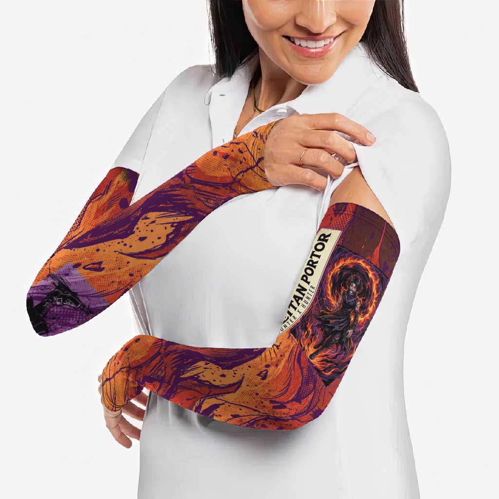 Feitan Portor Flame Aura Design Arm Sleeves with Sword Stance and Intense Anime Artwork - The Mazicc
