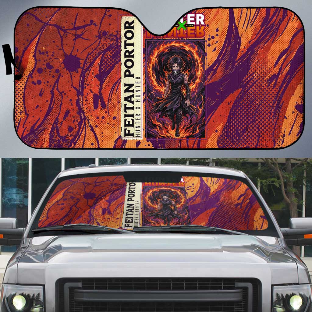 Feitan Portor Flame Aura Design Auto Sun Shade with Sword Stance and Intense Anime Artwork - The Mazicc