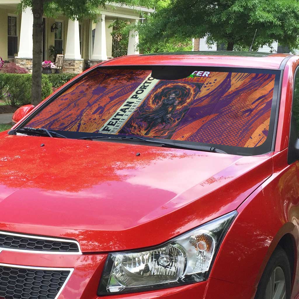 Feitan Portor Flame Aura Design Auto Sun Shade with Sword Stance and Intense Anime Artwork - The Mazicc