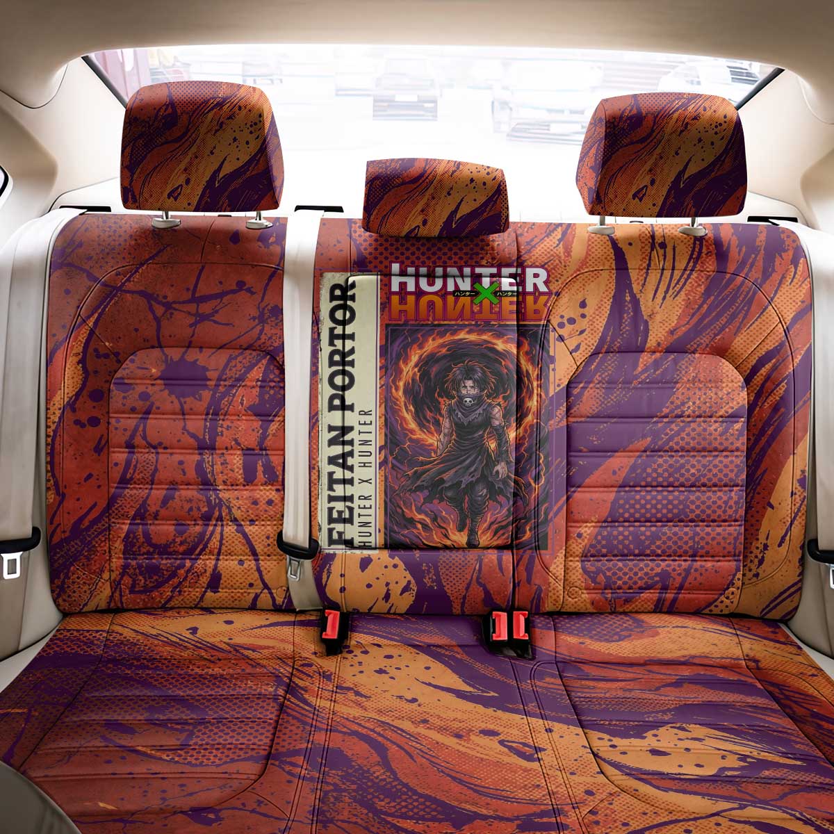 Feitan Portor Flame Aura Design Back Car Seat Cover with Sword Stance and Intense Anime Artwork - The Mazicc