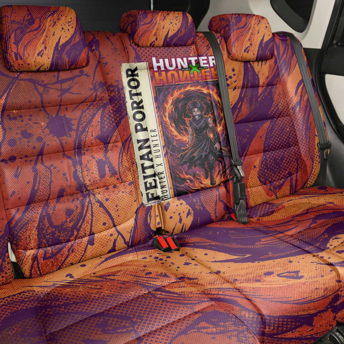 Feitan Portor Flame Aura Design Back Car Seat Cover with Sword Stance and Intense Anime Artwork - The Mazicc