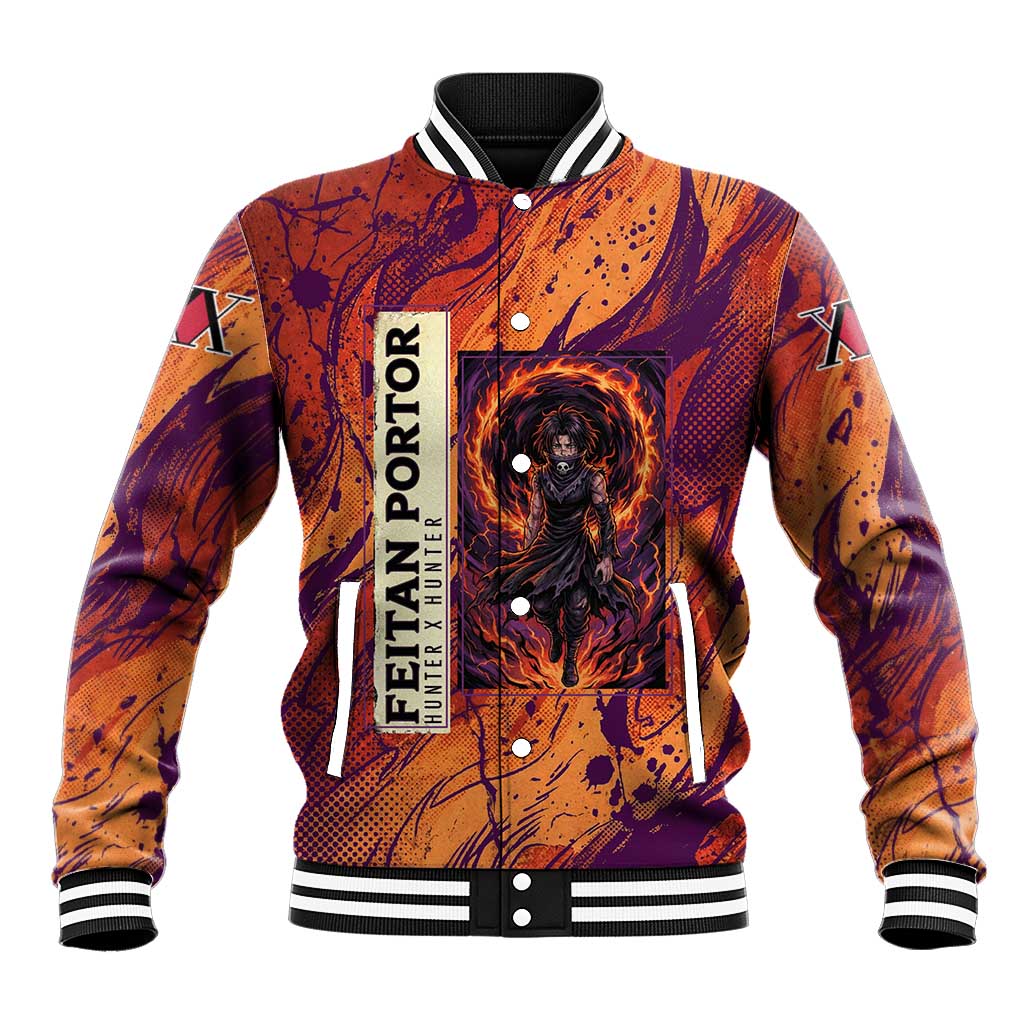 Feitan Portor Flame Aura Design Baseball Jacket with Sword Stance and Intense Anime Artwork - The Mazicc