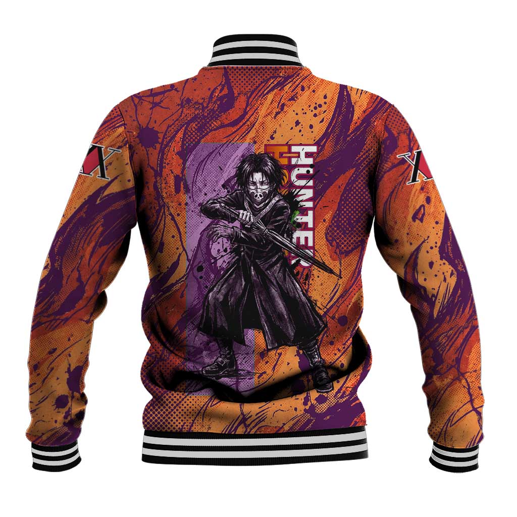 Feitan Portor Flame Aura Design Baseball Jacket with Sword Stance and Intense Anime Artwork - The Mazicc