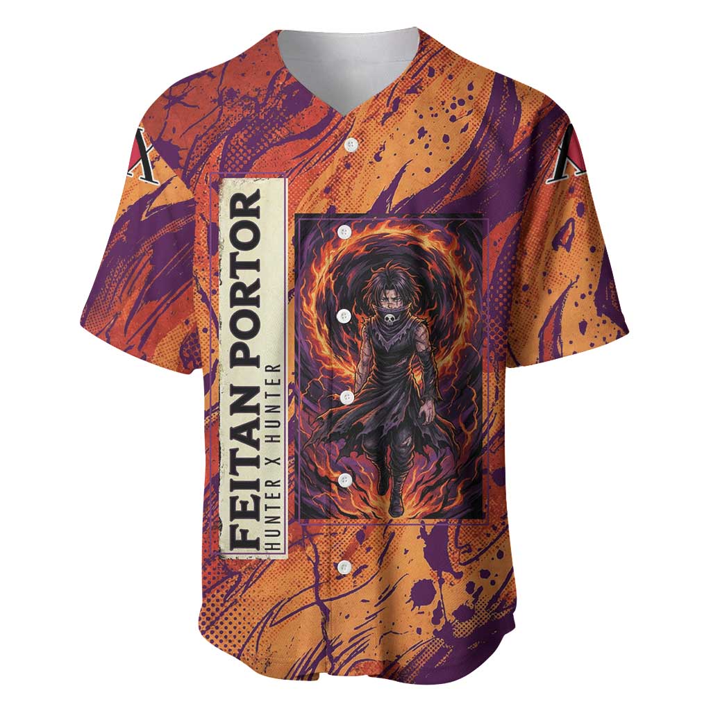 Feitan Portor Flame Aura Design Baseball Jersey with Sword Stance and Intense Anime Artwork - The Mazicc