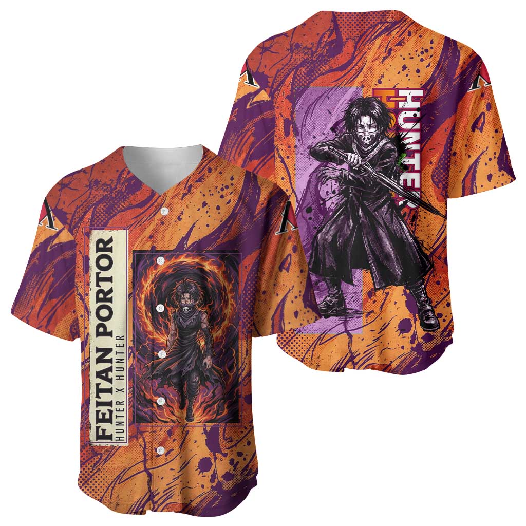 Feitan Portor Flame Aura Design Baseball Jersey with Sword Stance and Intense Anime Artwork - The Mazicc