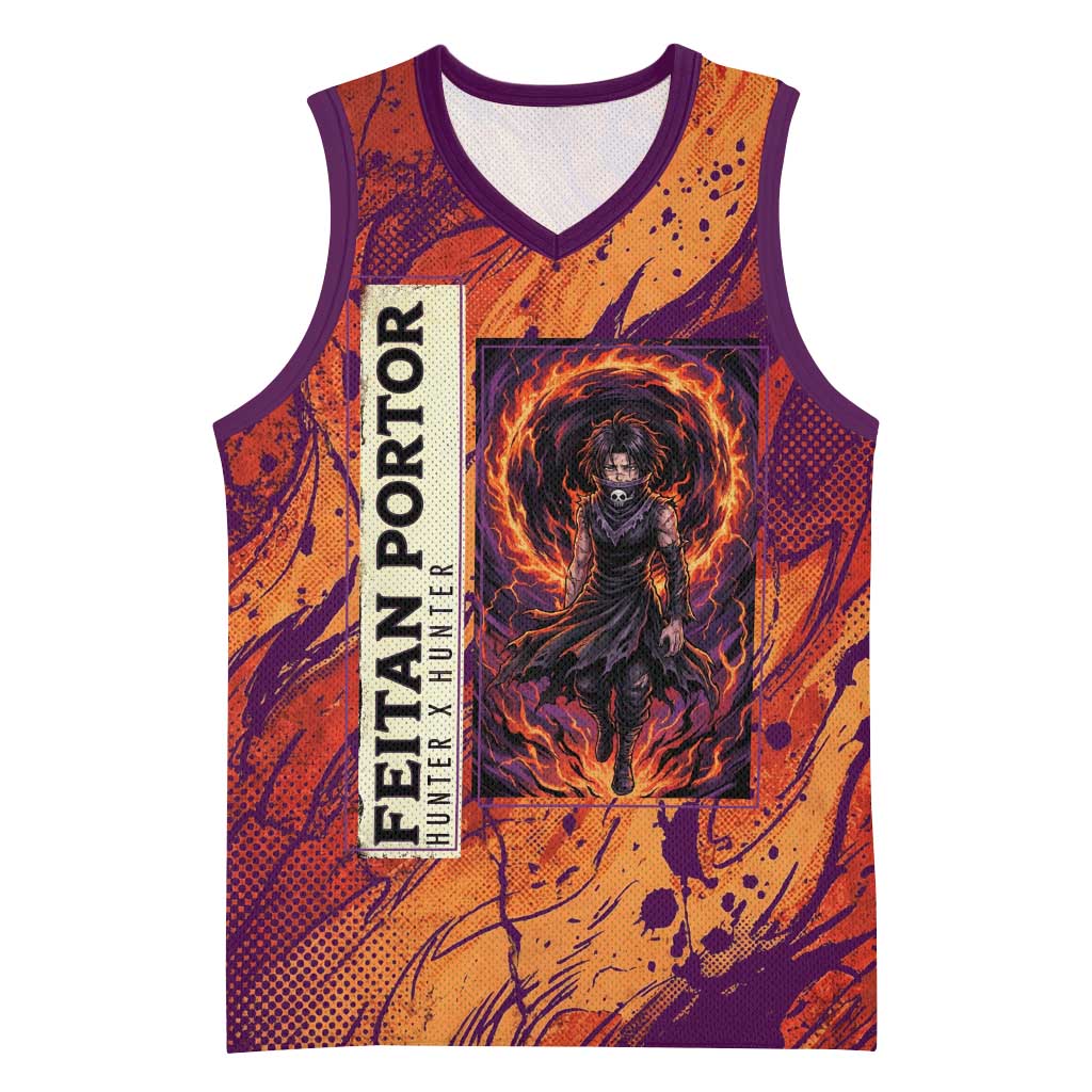 Feitan Portor Flame Aura Design Basketball Jersey with Sword Stance and Intense Anime Artwork - The Mazicc