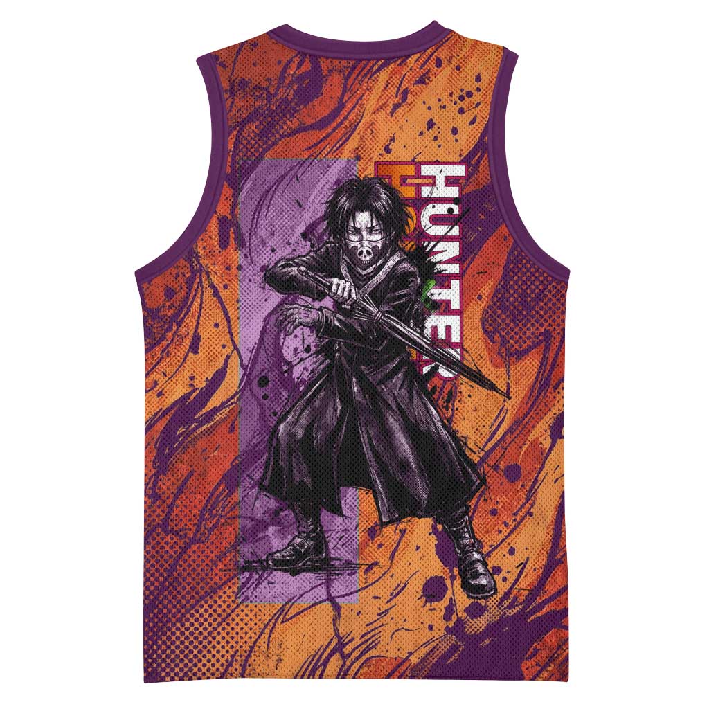 Feitan Portor Flame Aura Design Basketball Jersey with Sword Stance and Intense Anime Artwork - The Mazicc