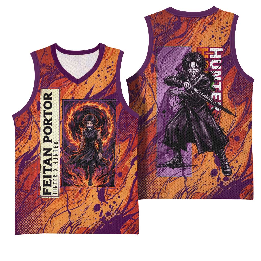 Feitan Portor Flame Aura Design Basketball Jersey with Sword Stance and Intense Anime Artwork - The Mazicc