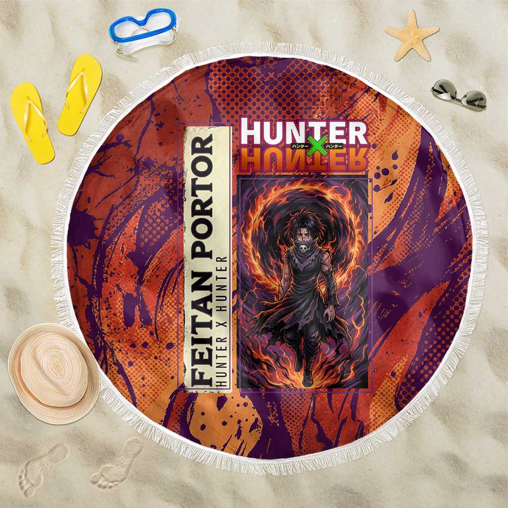 Feitan Portor Flame Aura Design Beach Blanket with Sword Stance and Intense Anime Artwork - The Mazicc
