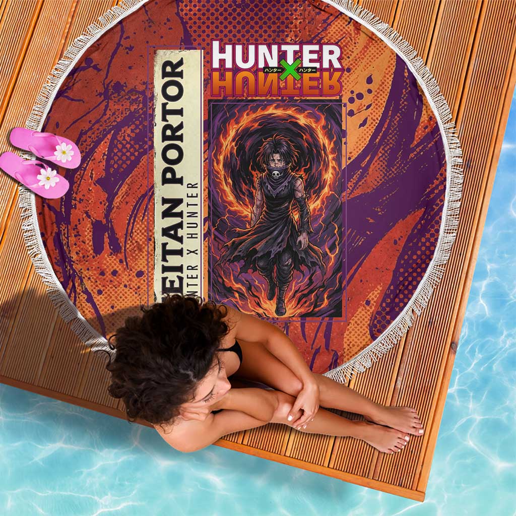 Feitan Portor Flame Aura Design Beach Blanket with Sword Stance and Intense Anime Artwork - The Mazicc