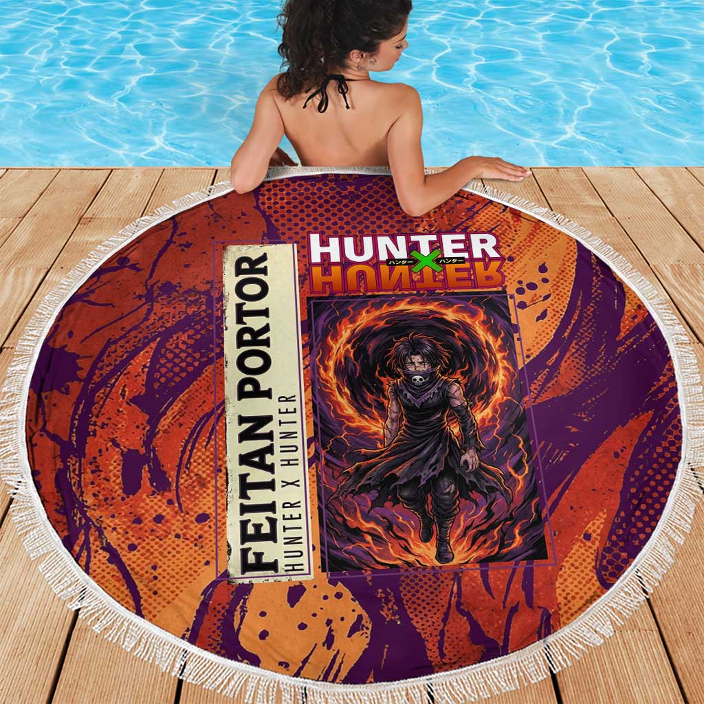 Feitan Portor Flame Aura Design Beach Blanket with Sword Stance and Intense Anime Artwork - The Mazicc