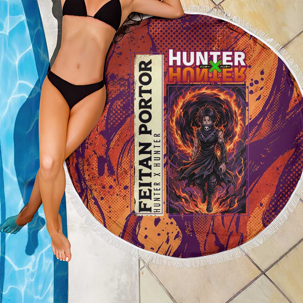 Feitan Portor Flame Aura Design Beach Blanket with Sword Stance and Intense Anime Artwork - The Mazicc
