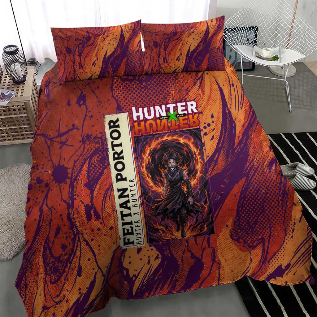 Feitan Portor Flame Aura Design Bedding Set with Sword Stance and Intense Anime Artwork - The Mazicc