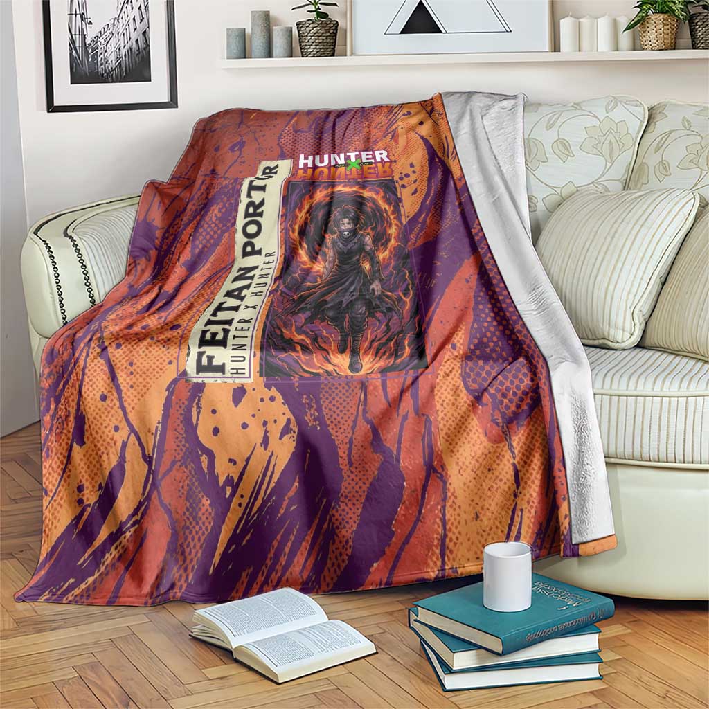 Feitan Portor Flame Aura Design Blanket with Sword Stance and Intense Anime Artwork - The Mazicc
