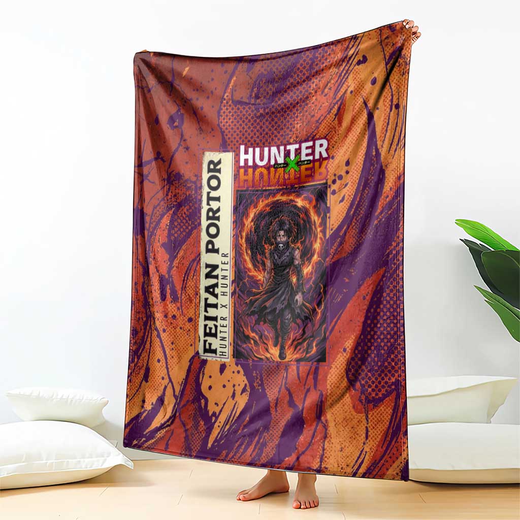 Feitan Portor Flame Aura Design Blanket with Sword Stance and Intense Anime Artwork - The Mazicc