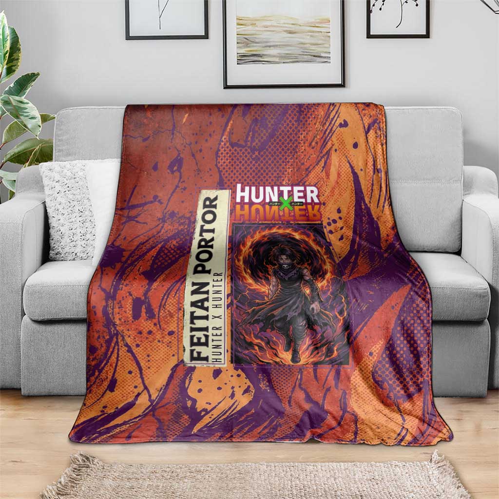 Feitan Portor Flame Aura Design Blanket with Sword Stance and Intense Anime Artwork - The Mazicc