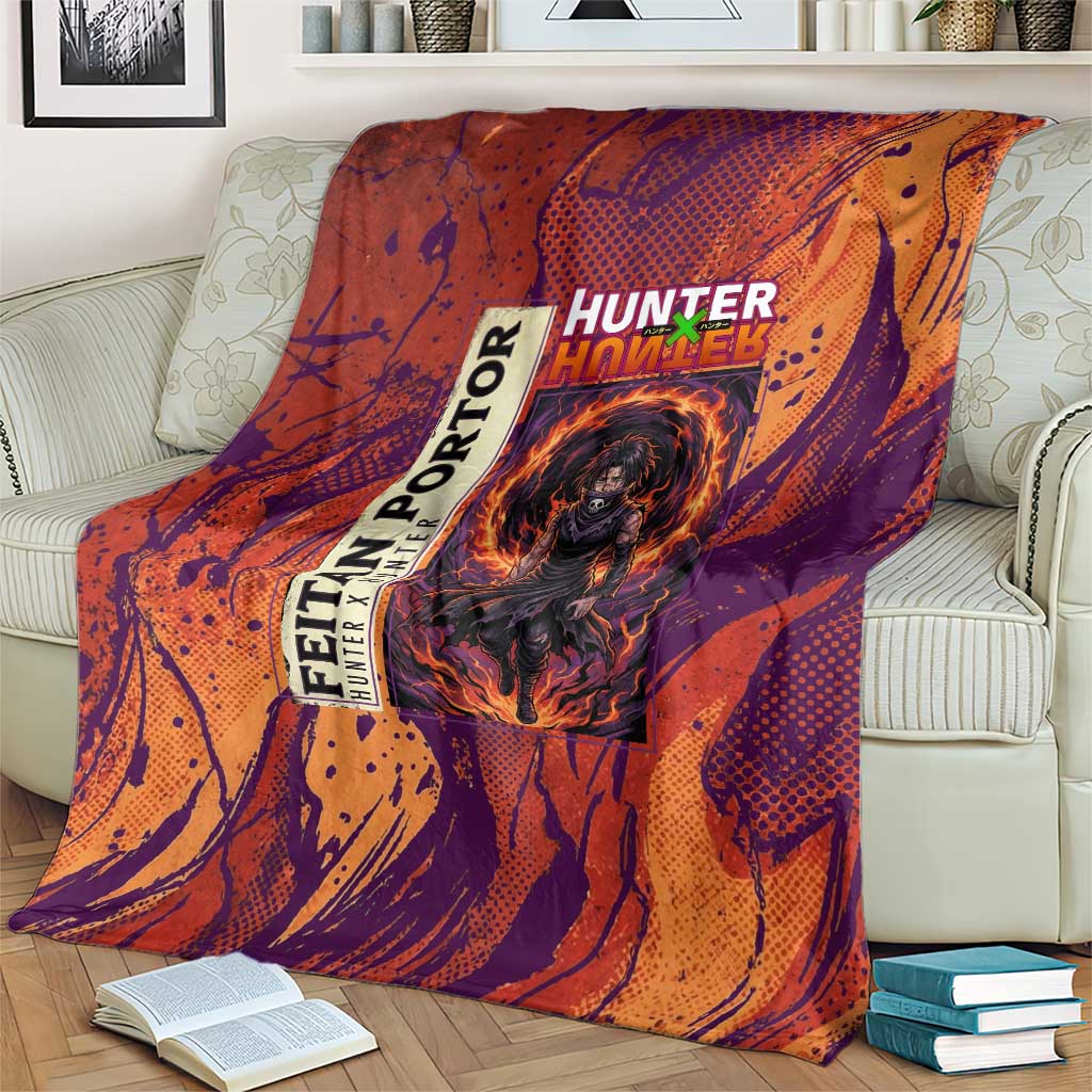 Feitan Portor Flame Aura Design Blanket with Sword Stance and Intense Anime Artwork - The Mazicc