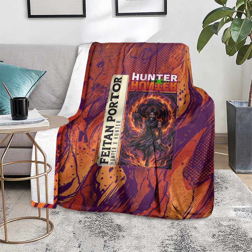 Feitan Portor Flame Aura Design Blanket with Sword Stance and Intense Anime Artwork - The Mazicc