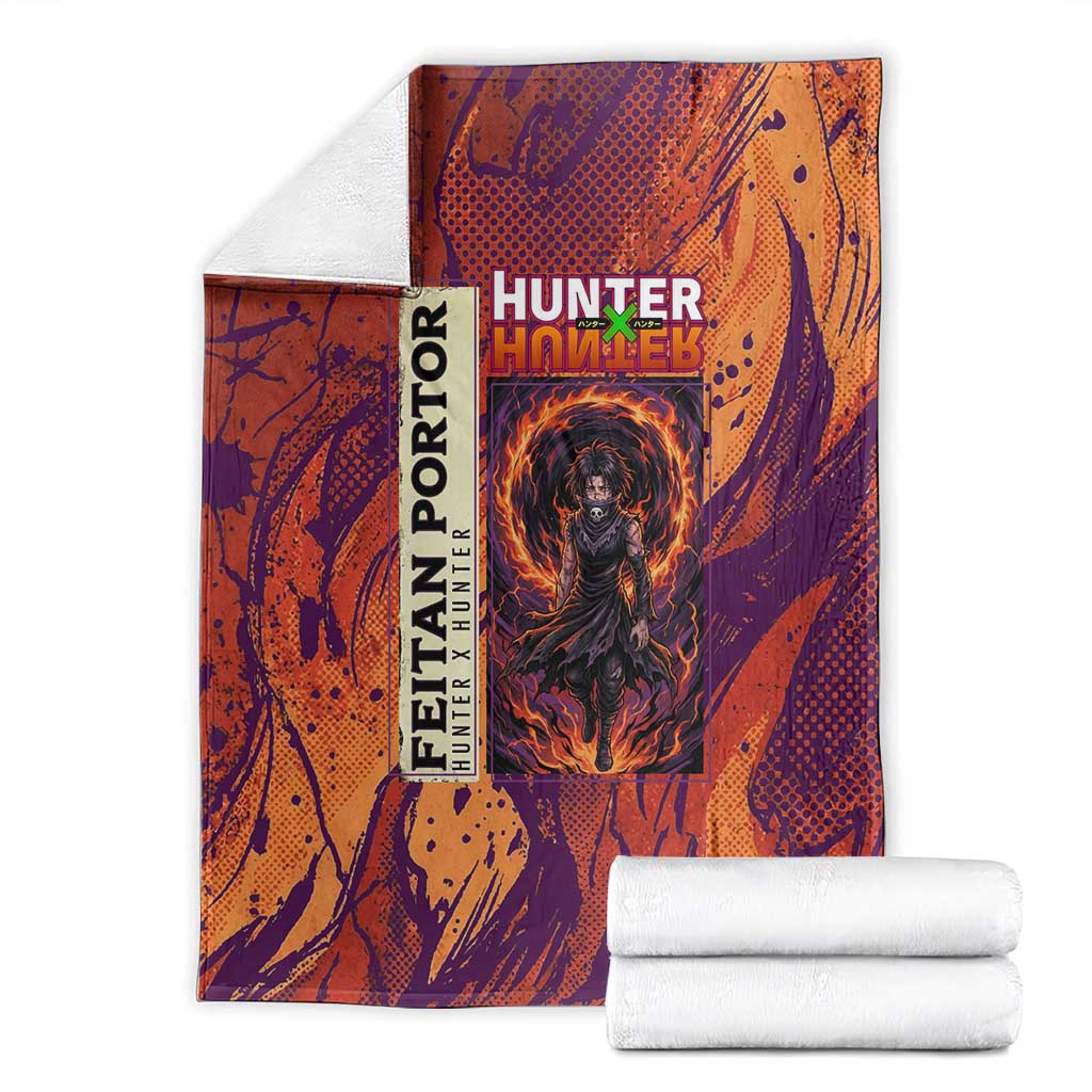 Feitan Portor Flame Aura Design Blanket with Sword Stance and Intense Anime Artwork - The Mazicc