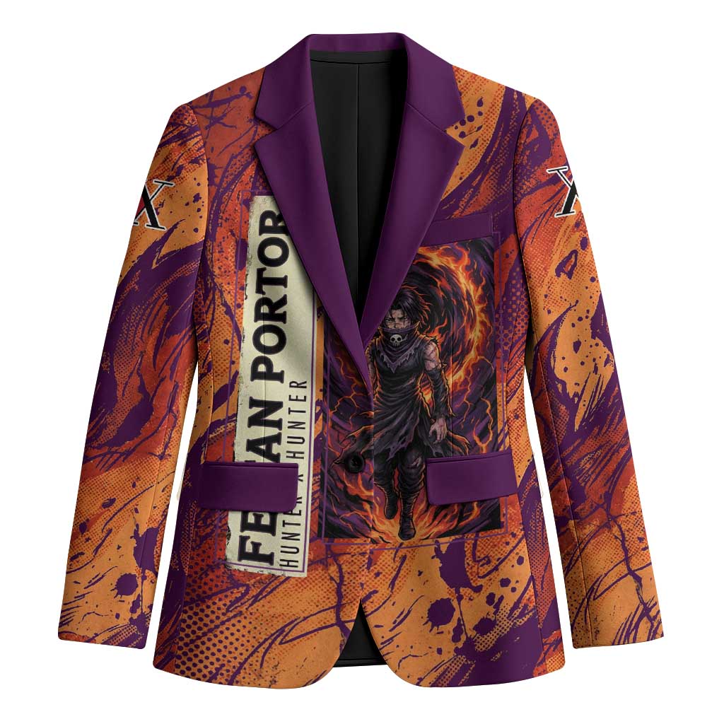Feitan Portor Flame Aura Design Blazer with Sword Stance and Intense Anime Artwork - The Mazicc