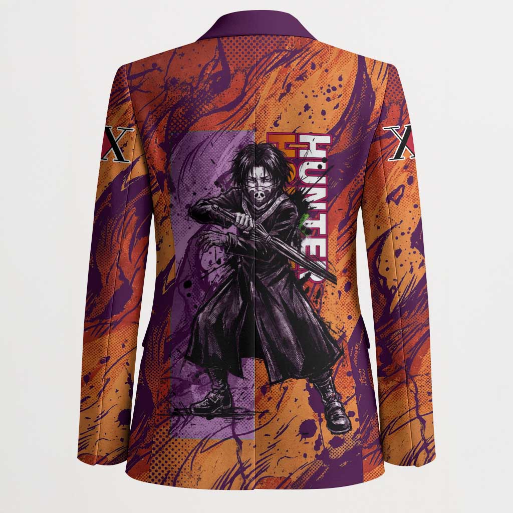 Feitan Portor Flame Aura Design Blazer with Sword Stance and Intense Anime Artwork - The Mazicc