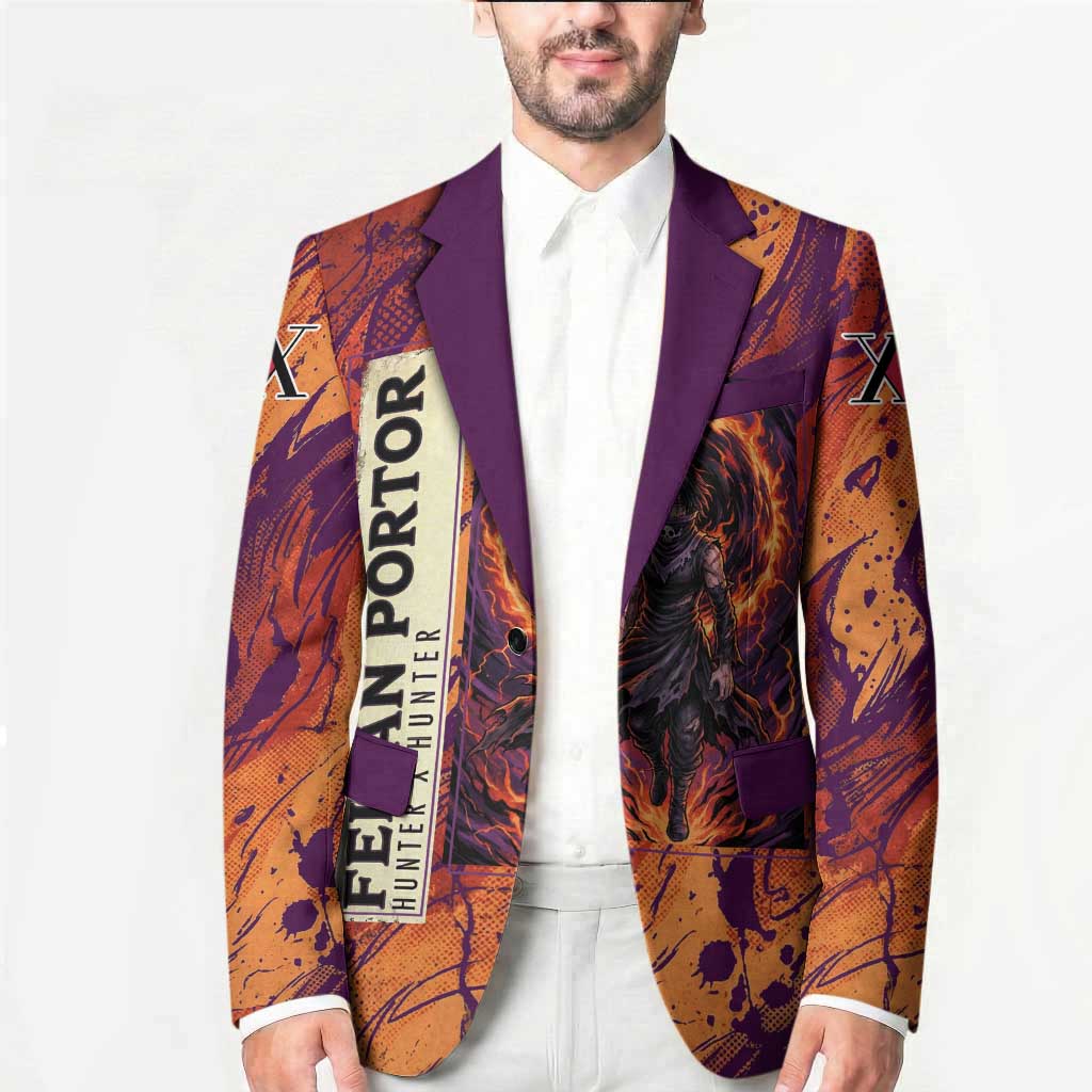 Feitan Portor Flame Aura Design Blazer with Sword Stance and Intense Anime Artwork - The Mazicc