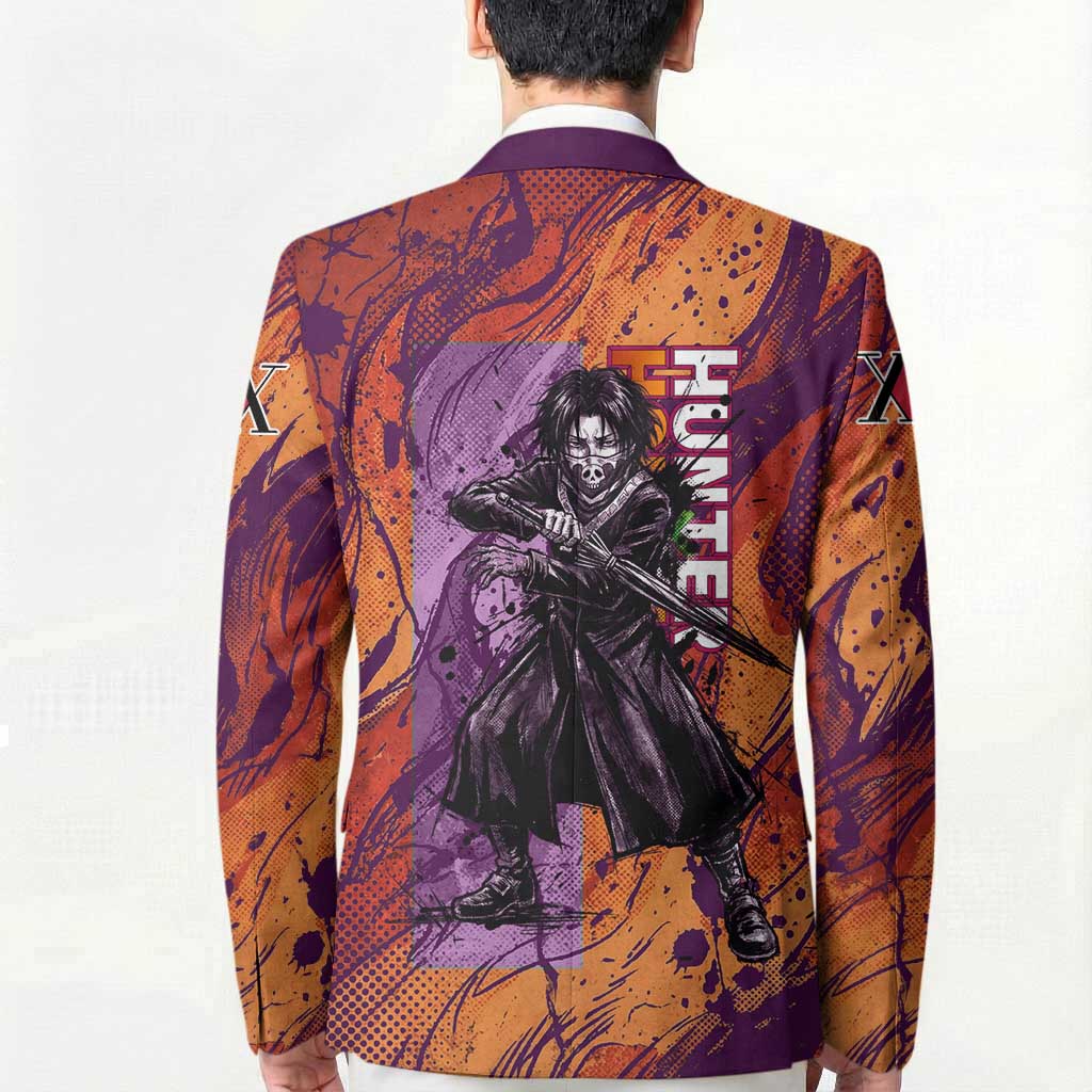 Feitan Portor Flame Aura Design Blazer with Sword Stance and Intense Anime Artwork - The Mazicc