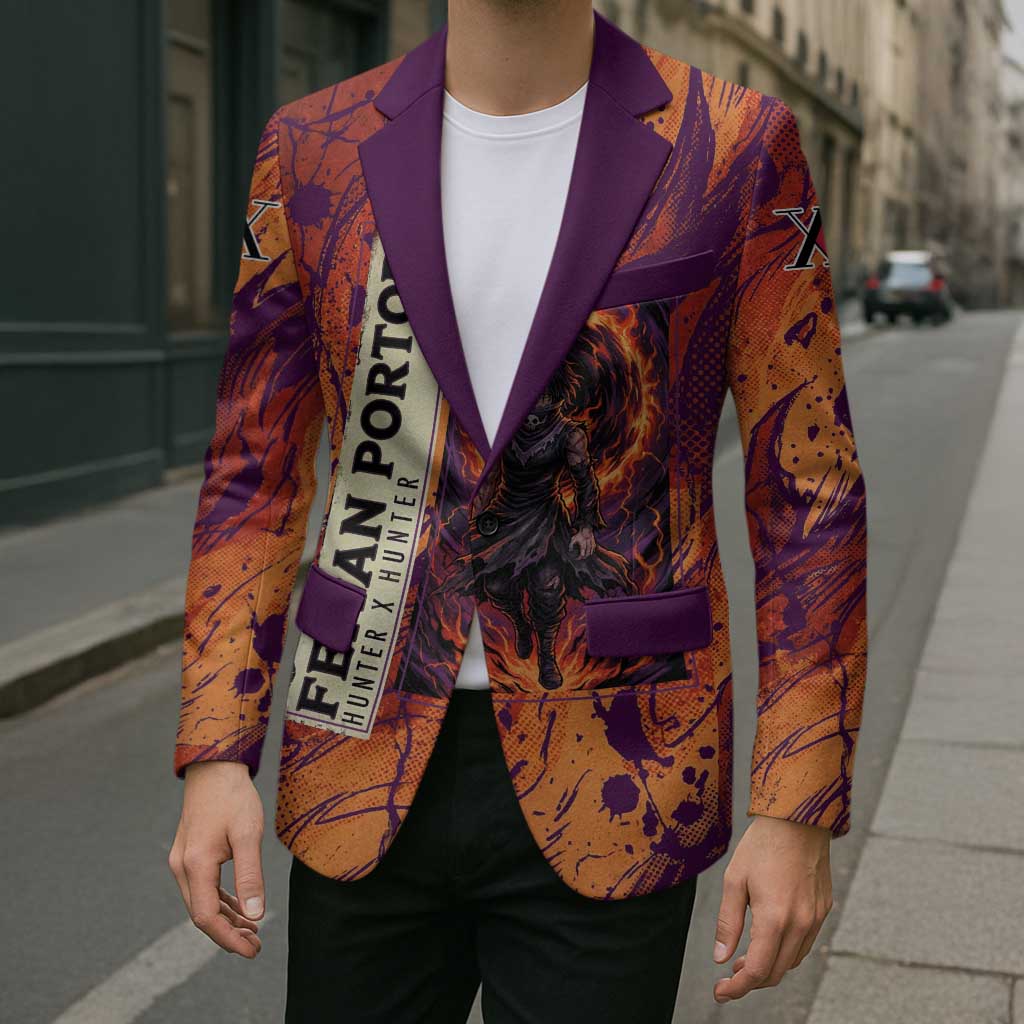 Feitan Portor Flame Aura Design Blazer with Sword Stance and Intense Anime Artwork - The Mazicc