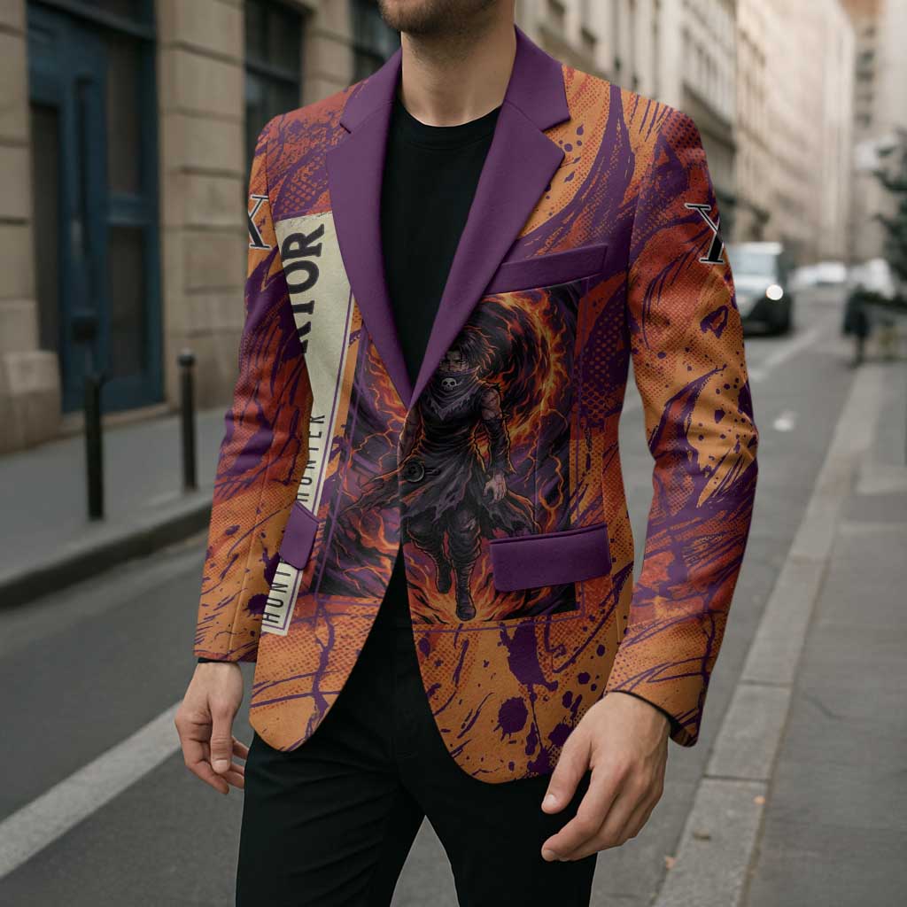 Feitan Portor Flame Aura Design Blazer with Sword Stance and Intense Anime Artwork - The Mazicc
