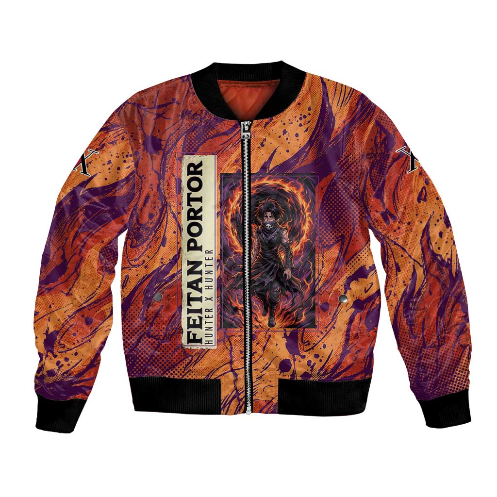 Feitan Portor Flame Aura Design Bomber Jacket with Sword Stance and Intense Anime Artwork - The Mazicc
