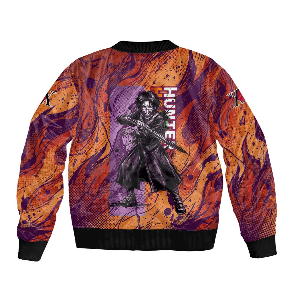 Feitan Portor Flame Aura Design Bomber Jacket with Sword Stance and Intense Anime Artwork - The Mazicc