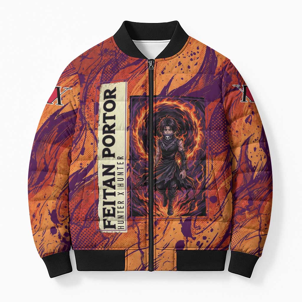 Feitan Portor Flame Aura Design Bomber Puffer Jacket with Sword Stance and Intense Anime Artwork - The Mazicc