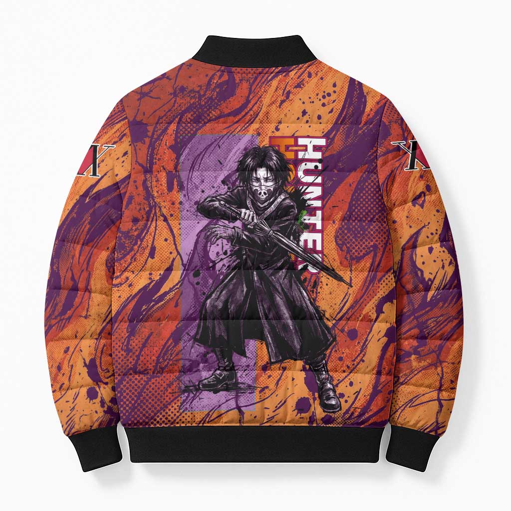 Feitan Portor Flame Aura Design Bomber Puffer Jacket with Sword Stance and Intense Anime Artwork - The Mazicc