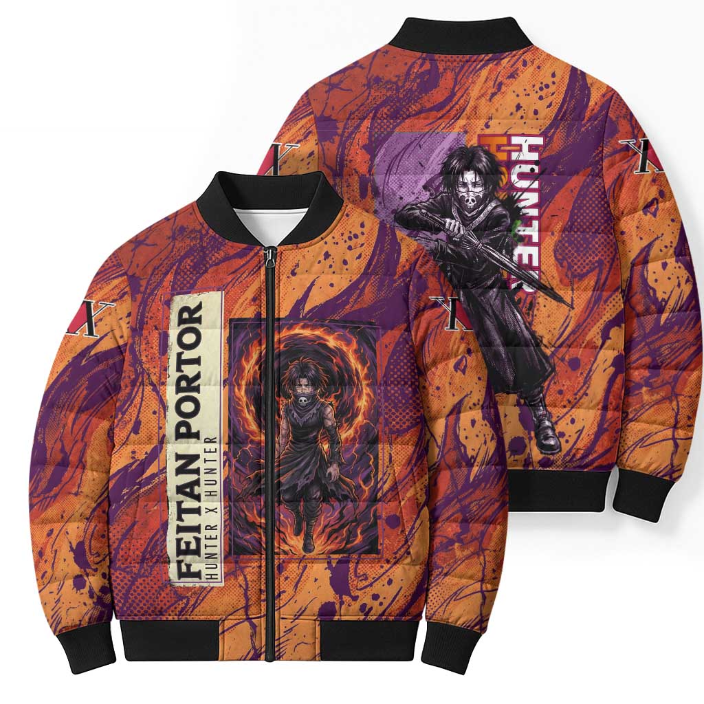Feitan Portor Flame Aura Design Bomber Puffer Jacket with Sword Stance and Intense Anime Artwork - The Mazicc