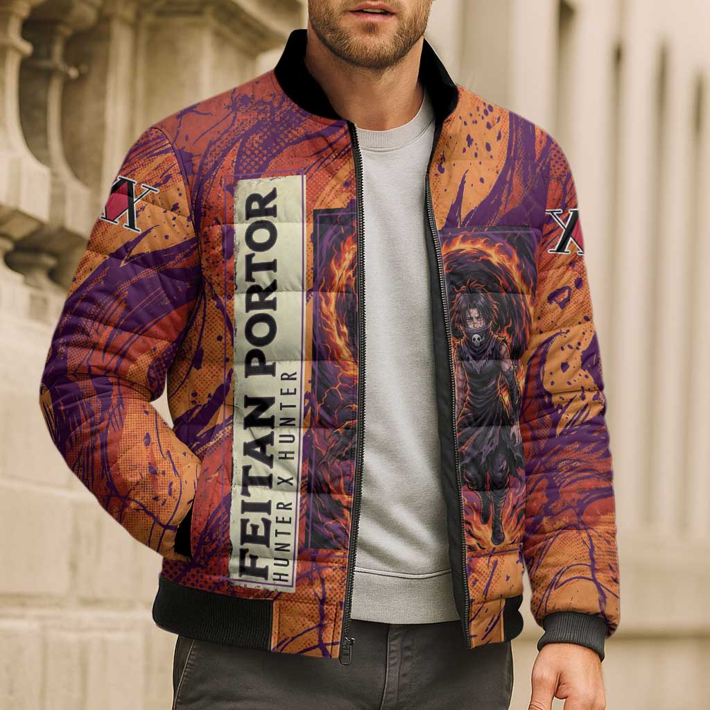 Feitan Portor Flame Aura Design Bomber Puffer Jacket with Sword Stance and Intense Anime Artwork - The Mazicc