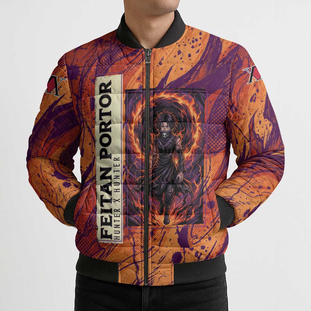 Feitan Portor Flame Aura Design Bomber Puffer Jacket with Sword Stance and Intense Anime Artwork - The Mazicc