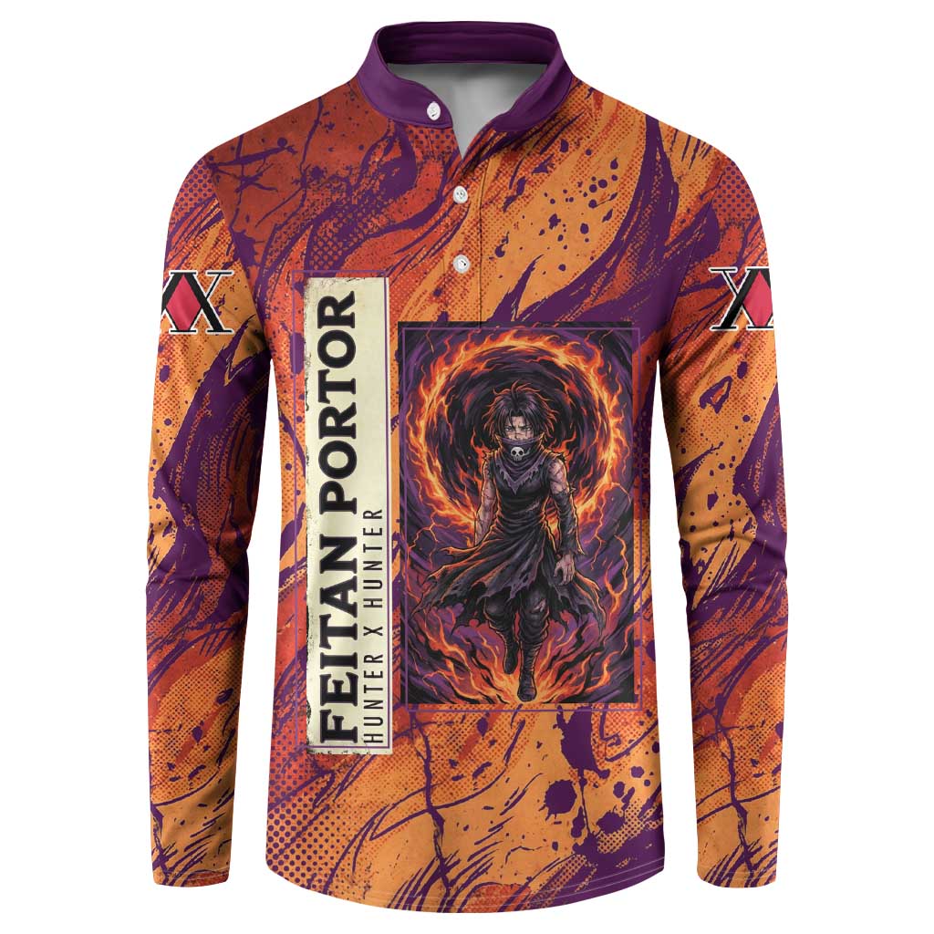 Feitan Portor Flame Aura Design Button Sweatshirt with Sword Stance and Intense Anime Artwork - The Mazicc