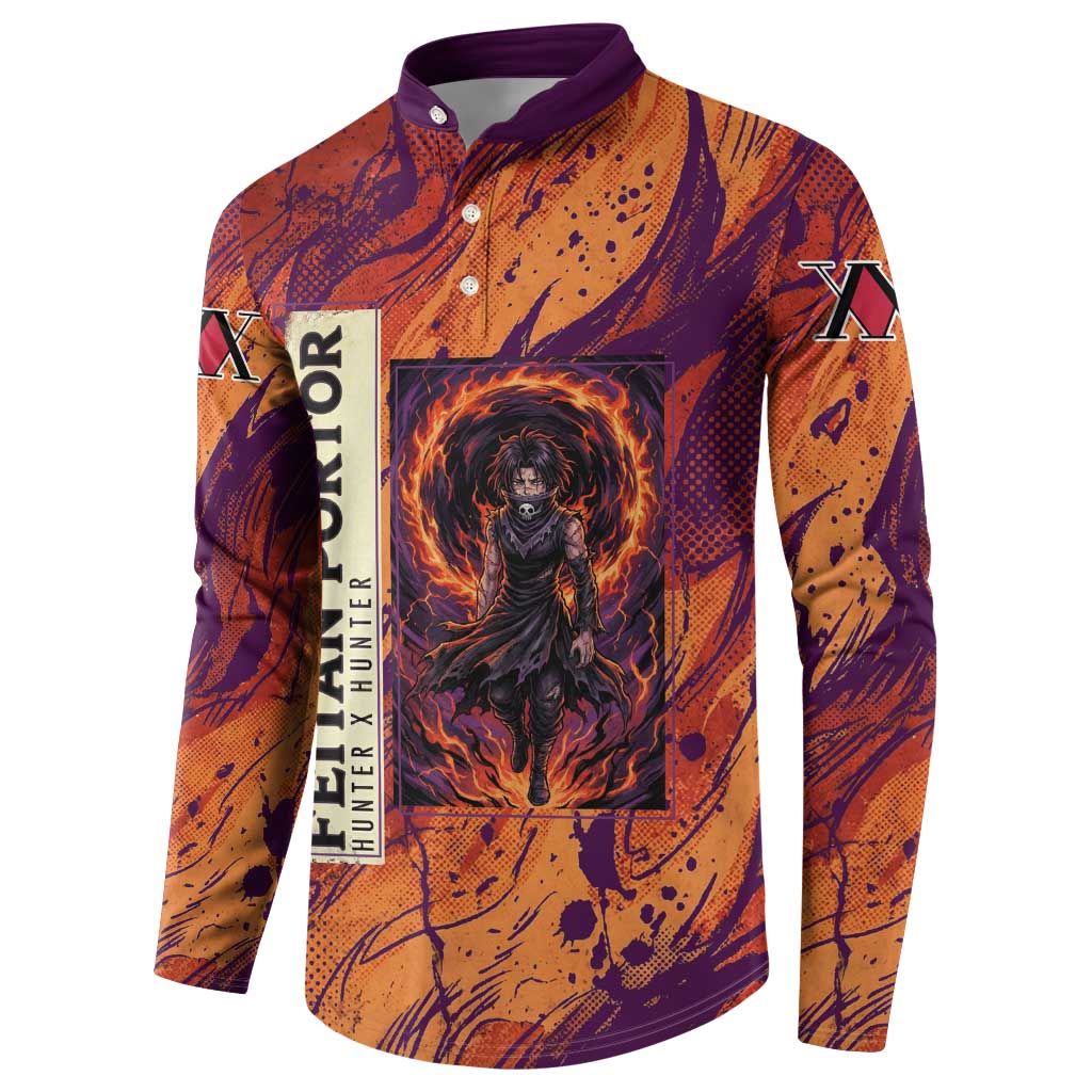 Feitan Portor Flame Aura Design Button Sweatshirt with Sword Stance and Intense Anime Artwork - The Mazicc