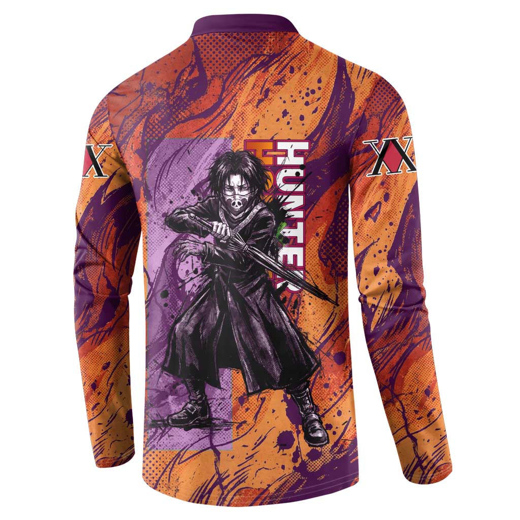 Feitan Portor Flame Aura Design Button Sweatshirt with Sword Stance and Intense Anime Artwork - The Mazicc