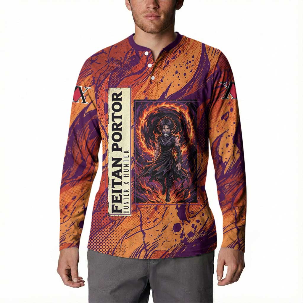 Feitan Portor Flame Aura Design Button Sweatshirt with Sword Stance and Intense Anime Artwork - The Mazicc