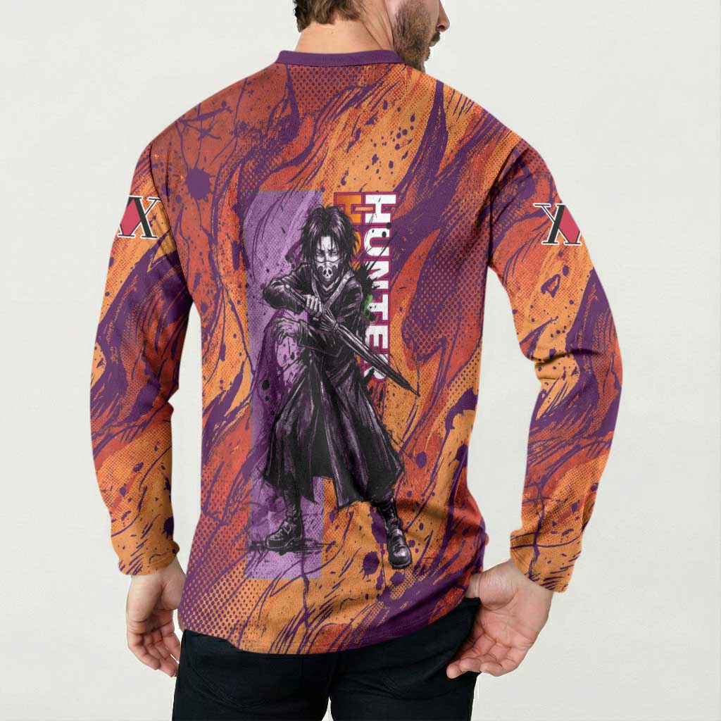 Feitan Portor Flame Aura Design Button Sweatshirt with Sword Stance and Intense Anime Artwork - The Mazicc
